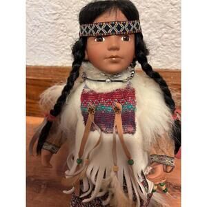 Native American Girl Porcelain Doll Cathay Collection 17” Faux Fur Beads VGC